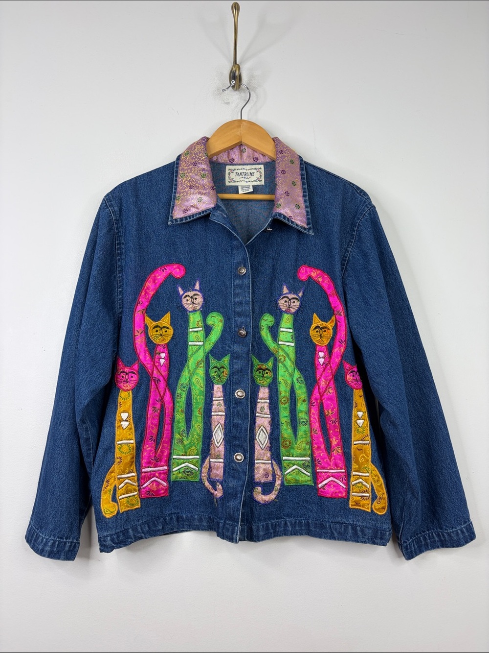 Vintage Denim Jacket Womens Large Blue Jean Shacket Embroidered Colorful Cats